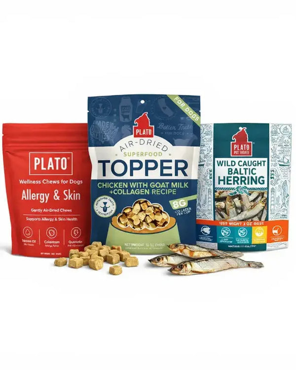 Three Plato pet food packages on a white background