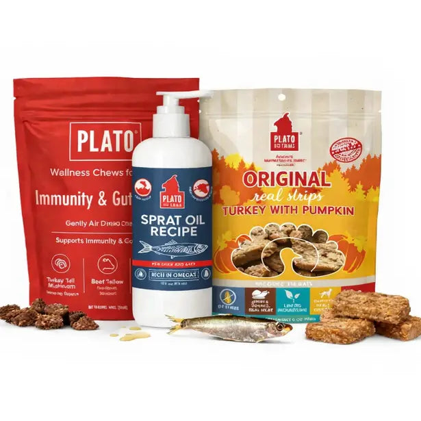 Plato pet food products including chews, spray oil, and treats on a white background
