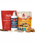 Plato pet food products including chews, spray oil, and treats on a white background