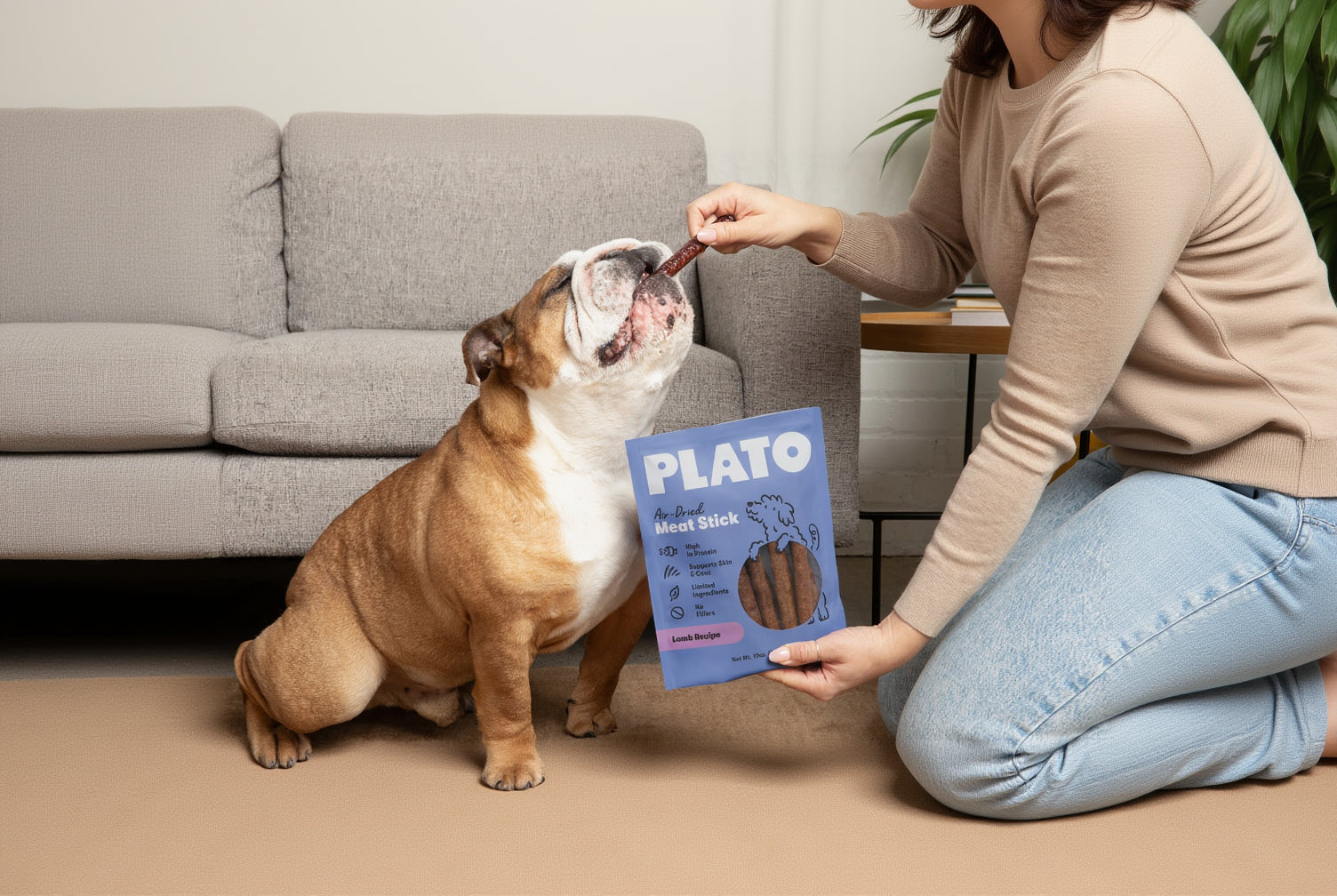 Dog eating a Plato meat stick with a person holding the packaging.